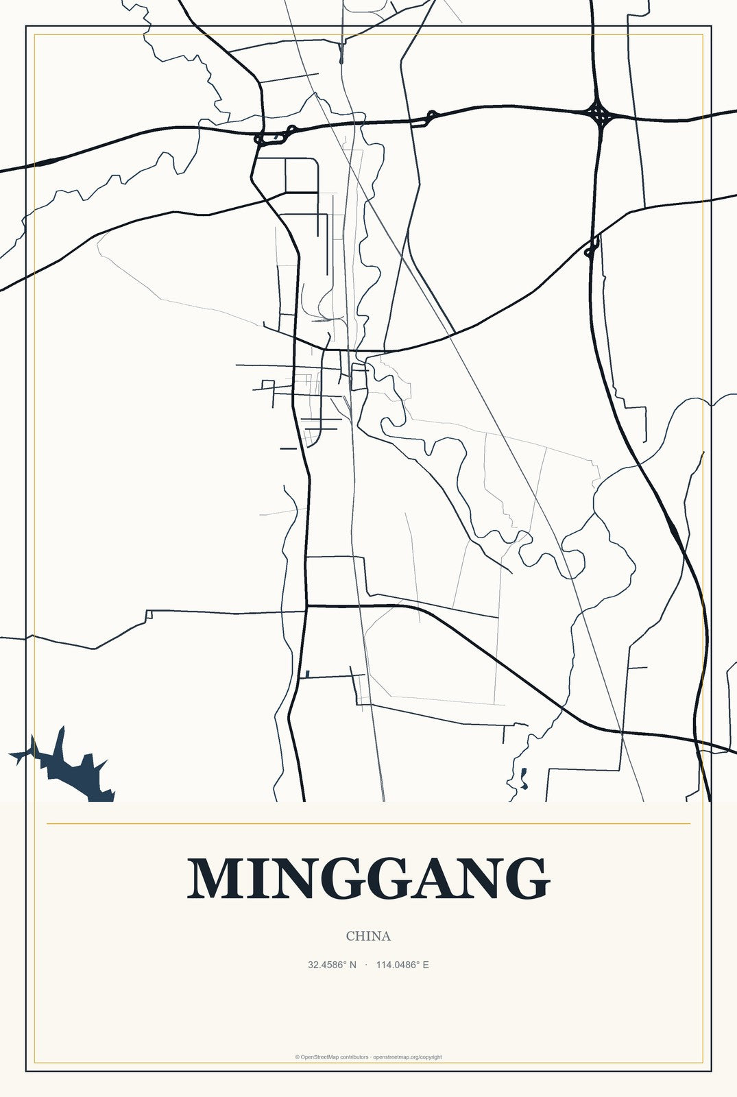 Minggang, China City Map Aluminum Sign in Citrine Modern style