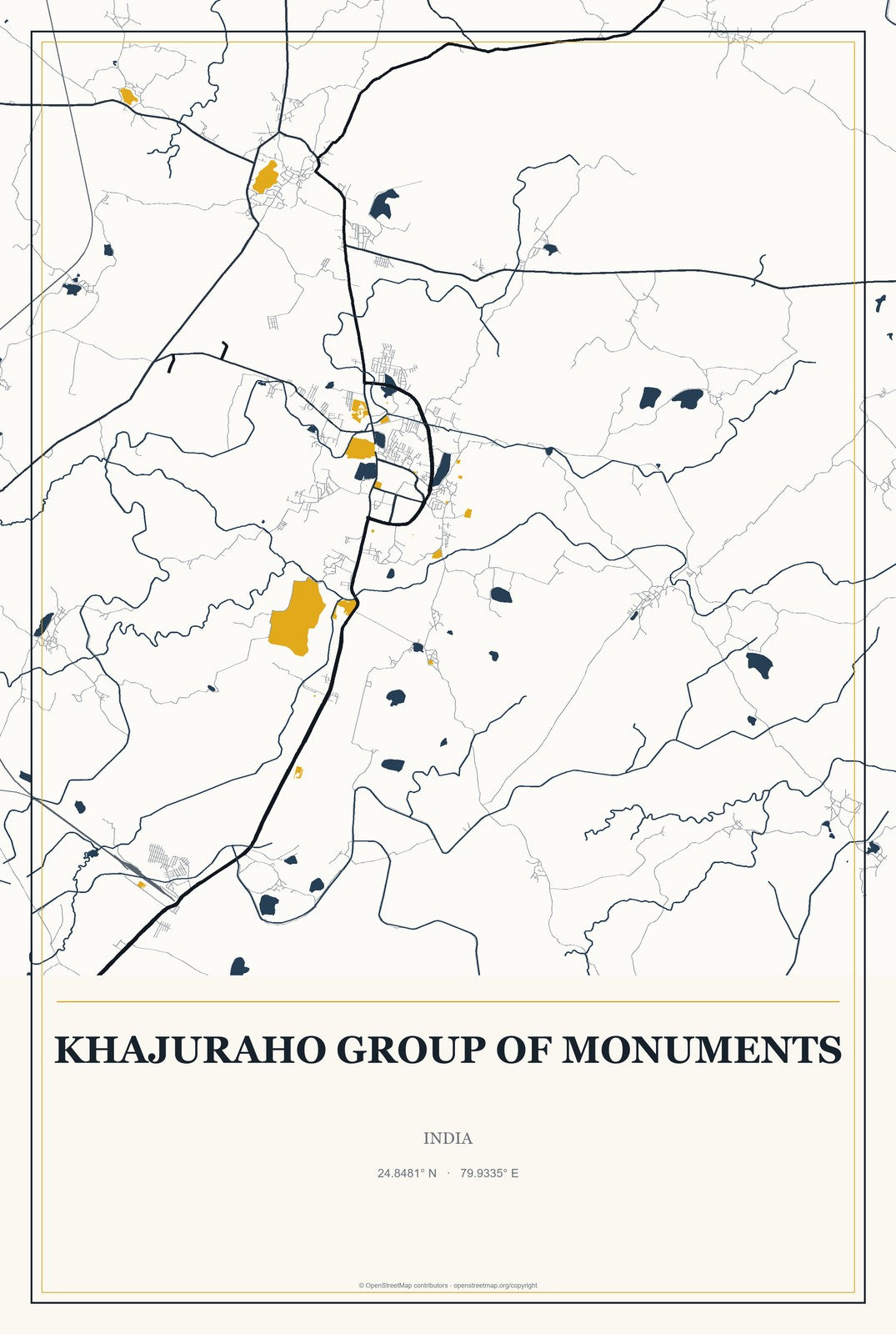 Khajuraho Group of Monuments, India City Map Aluminum Sign in Citrine Modern style