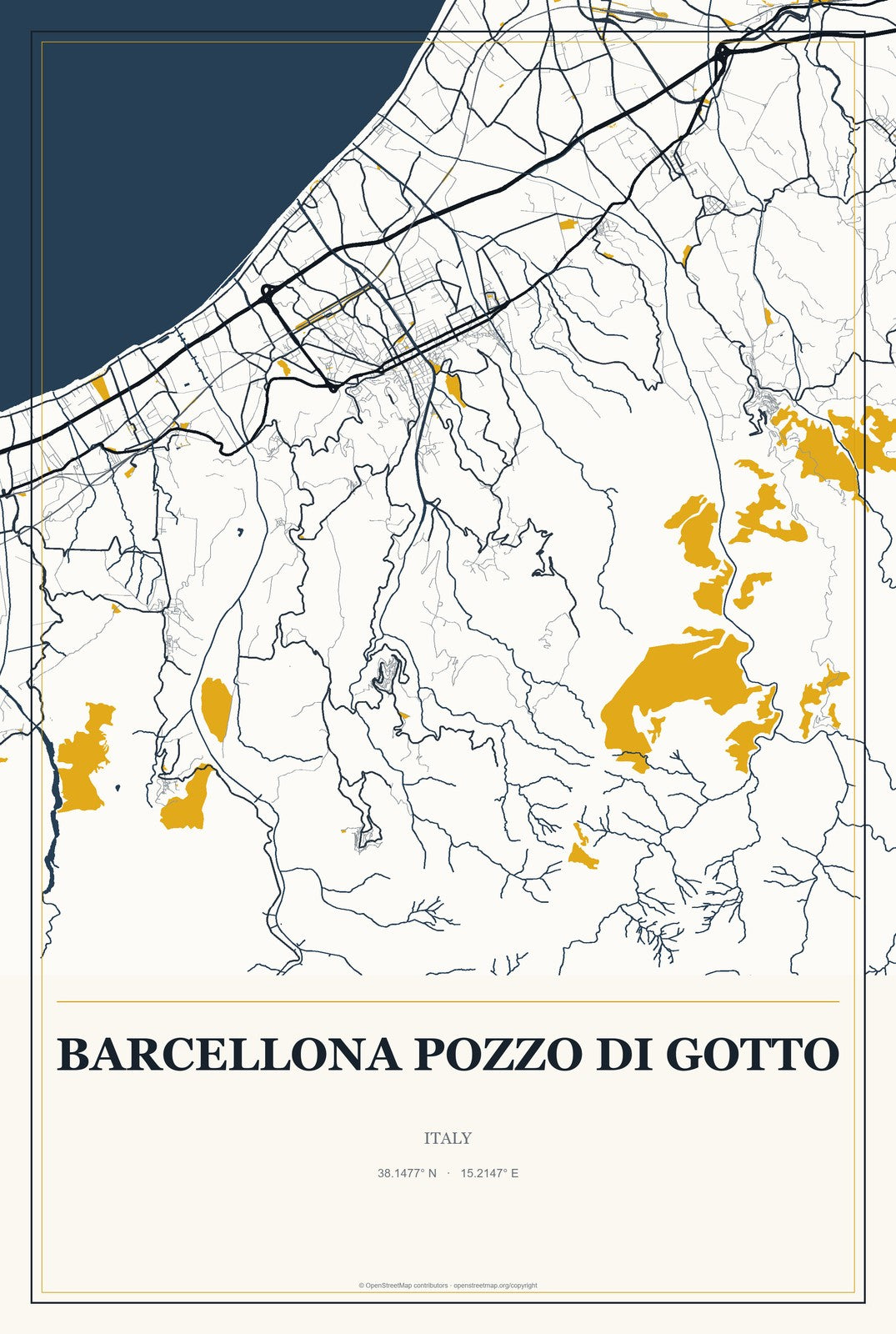 Barcellona Pozzo di Gotto, Italy City Map Aluminum Sign in Citrine Modern style