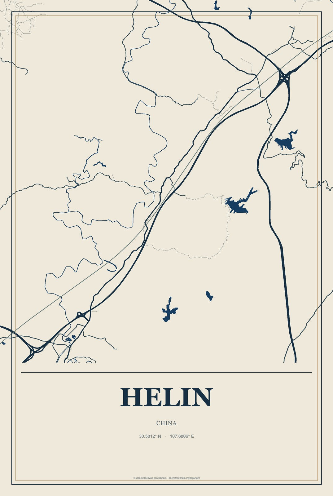 Helin, China City Map Aluminum Sign in Coastal Cutout style