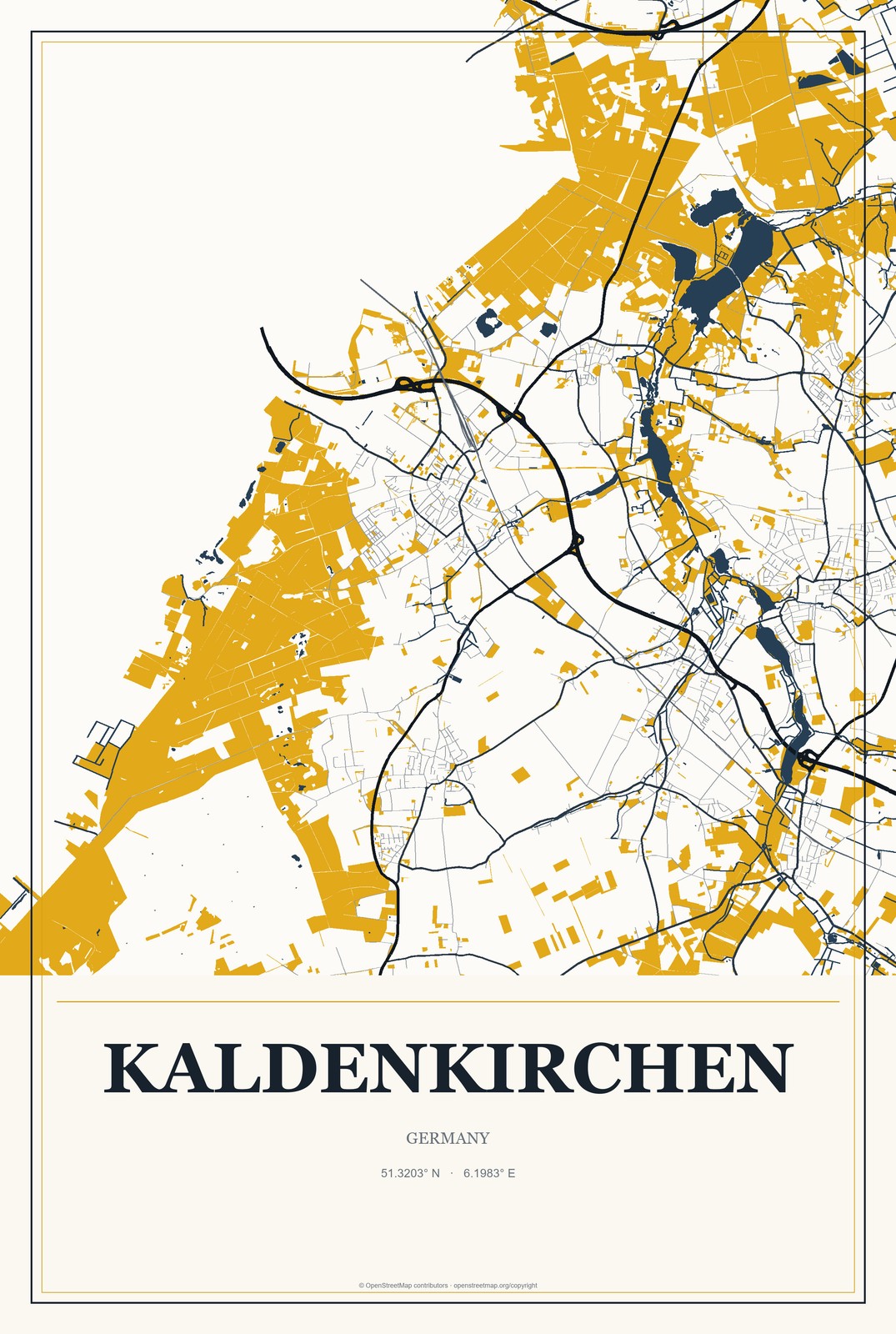 Kaldenkirchen, Germany City Map Aluminum Sign in Citrine Modern style