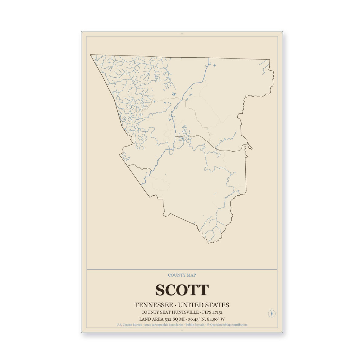 Scott County, Tennessee Map Aluminum Sign in Heritage Nautical style