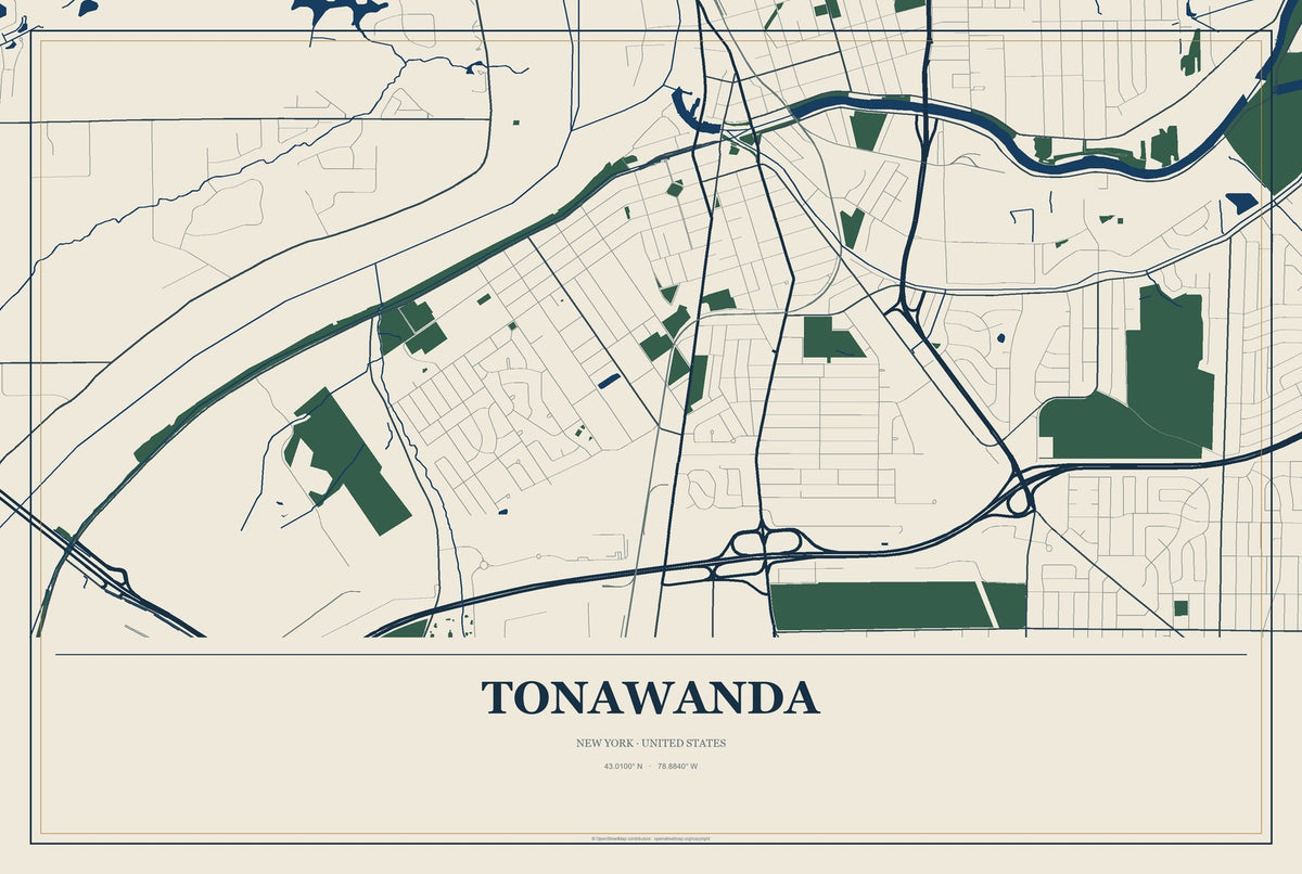 Tonawanda, New York City Map Aluminum Sign in Coastal Cutout style