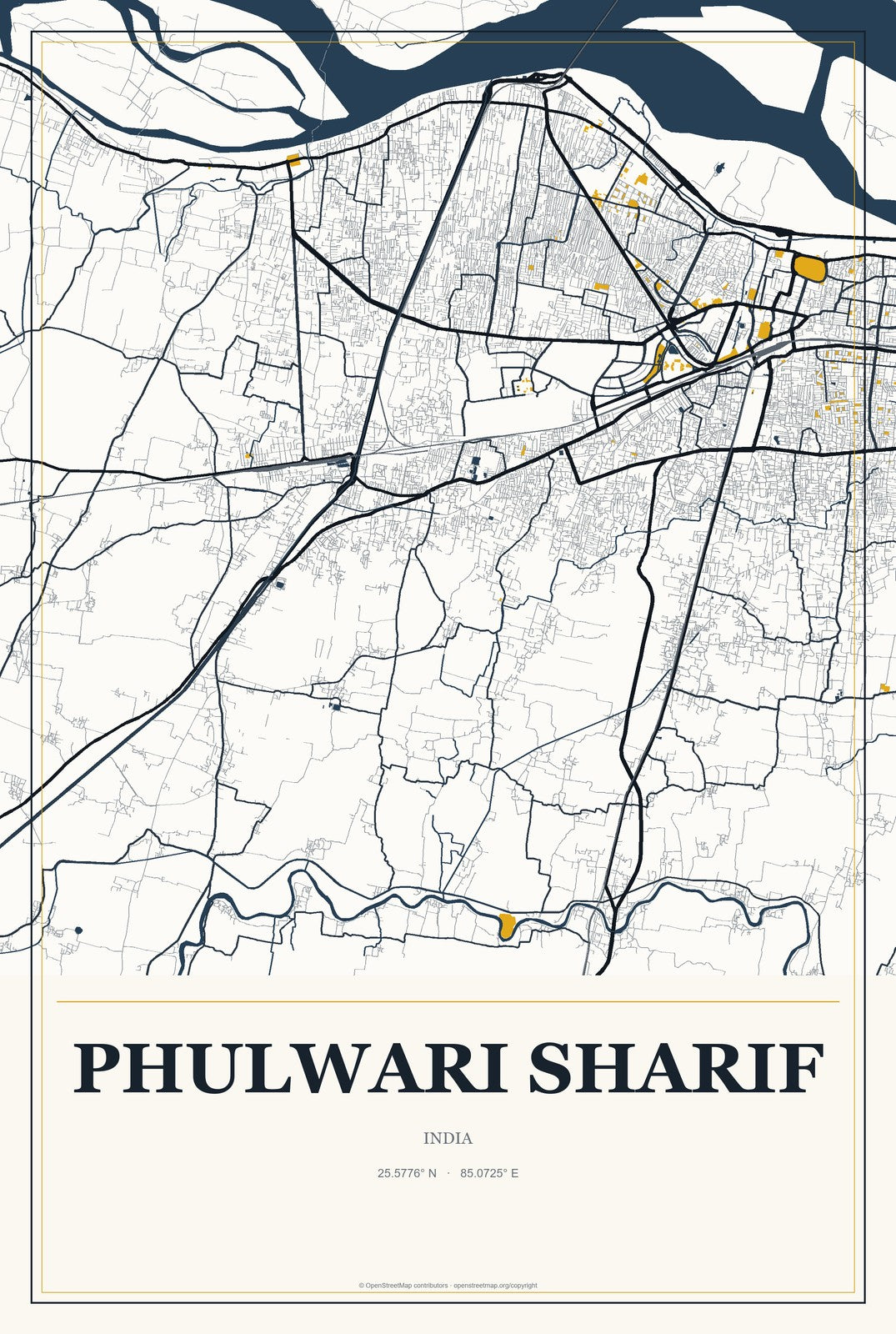 Phulwari Sharif, India City Map Aluminum Sign in Citrine Modern style