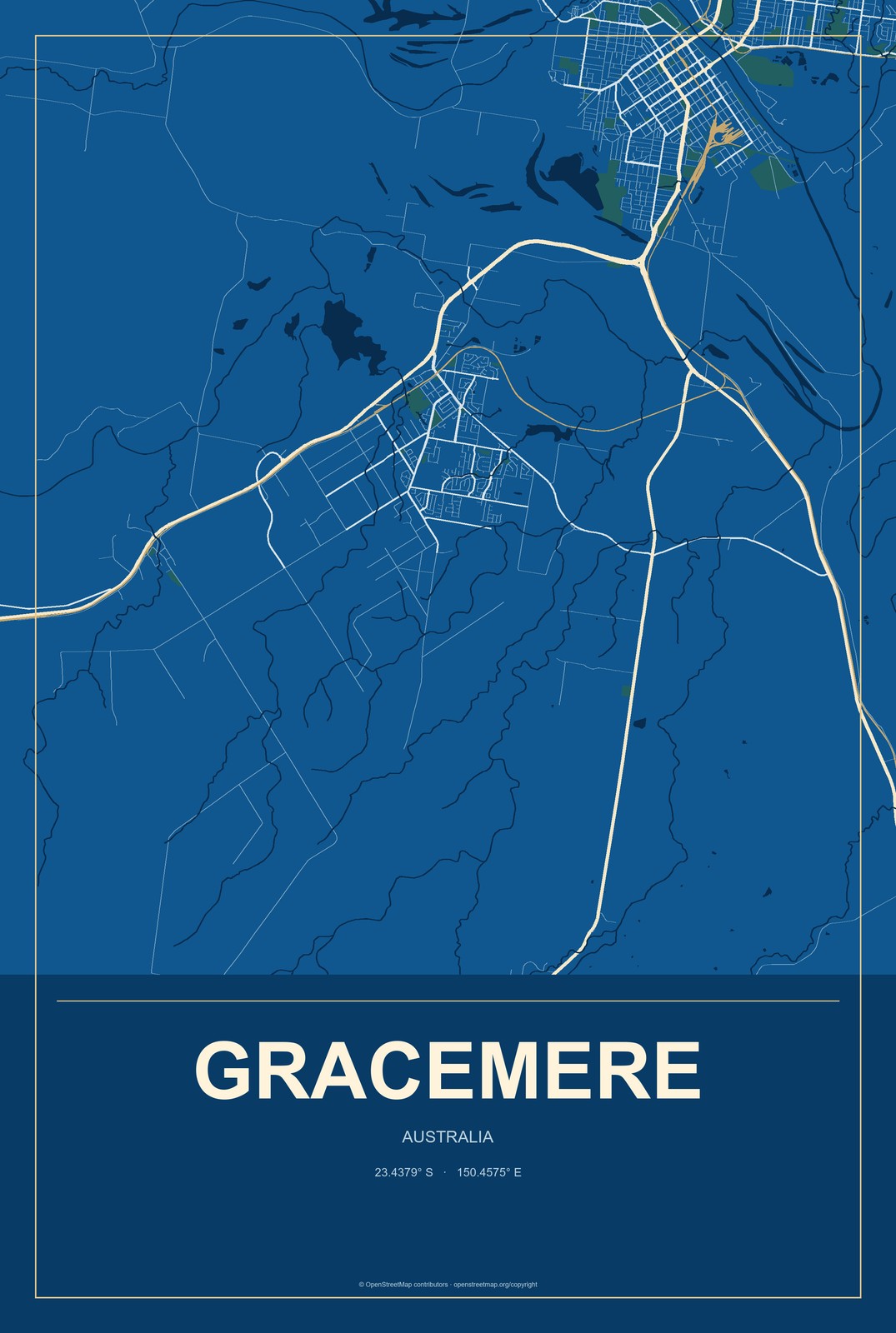 Gracemere, Australia City Map Aluminum Sign in Harbor Cobalt style