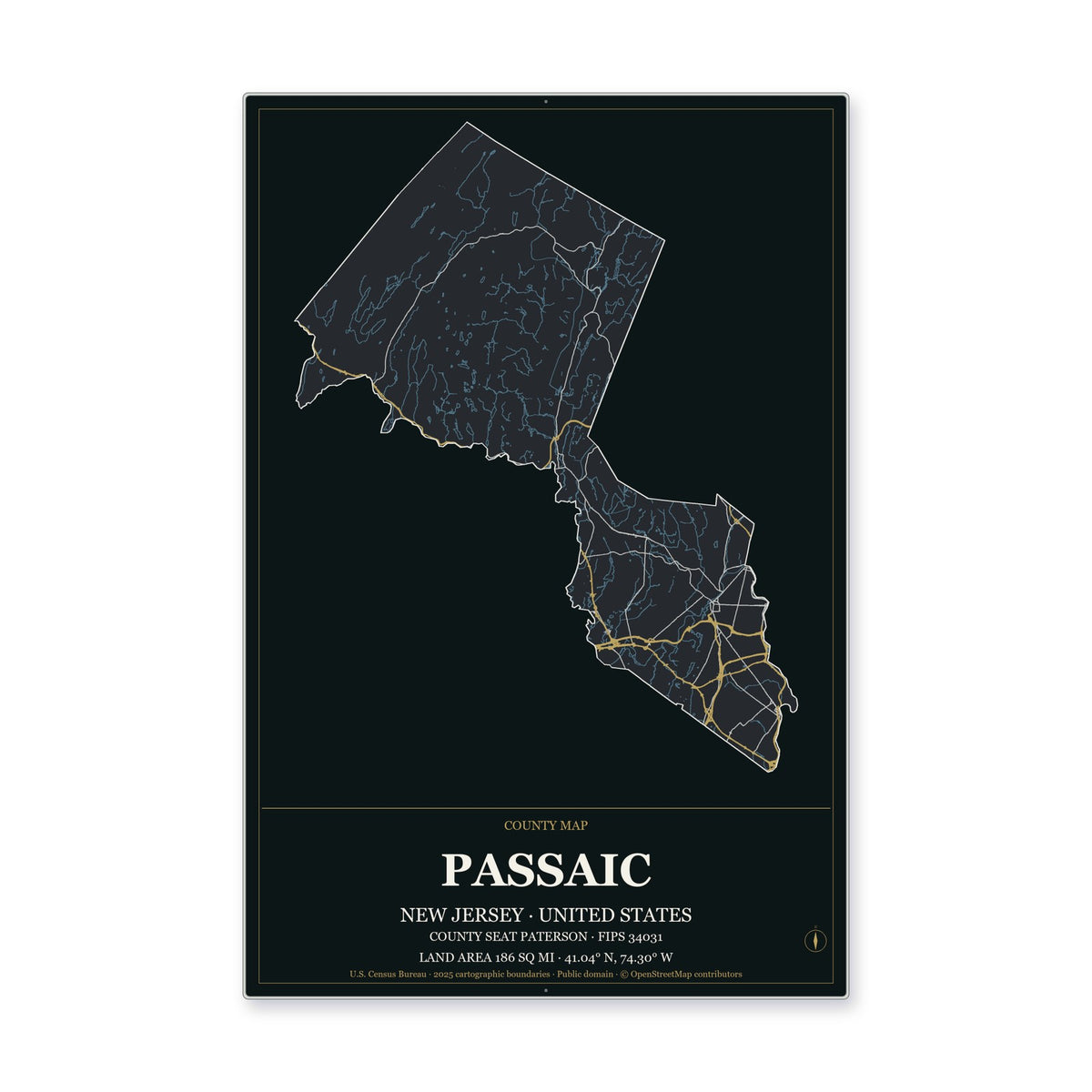 Passaic County, New Jersey Map Aluminum Sign in Metropolitan Noir style