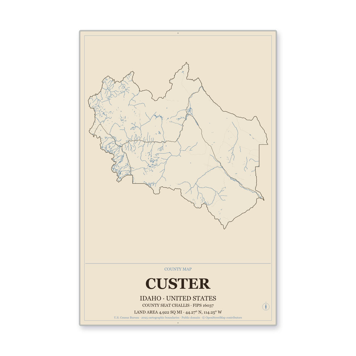 Custer County, Idaho Map Aluminum Sign in Heritage Nautical style