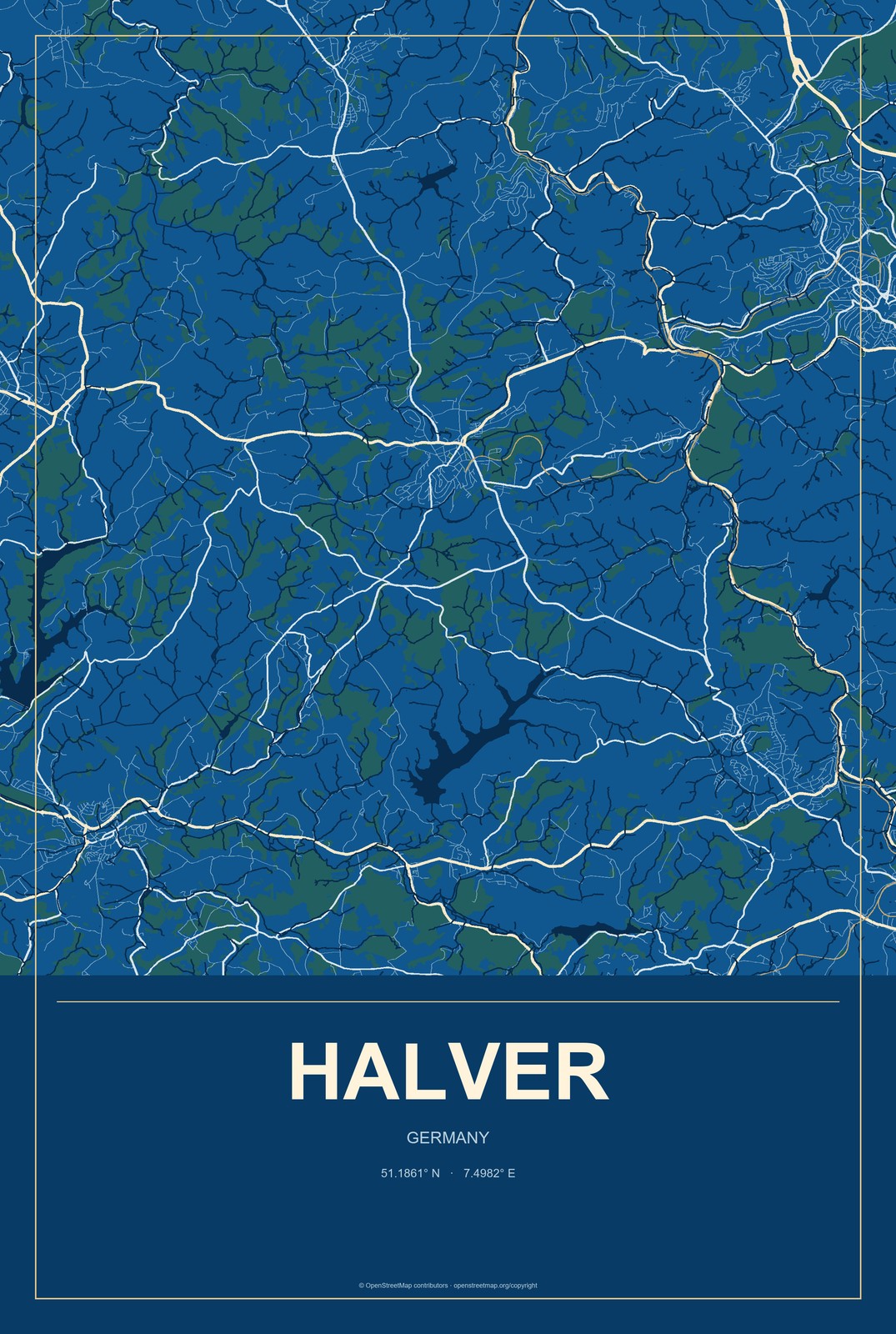 Halver, Germany City Map Aluminum Sign in Harbor Cobalt style