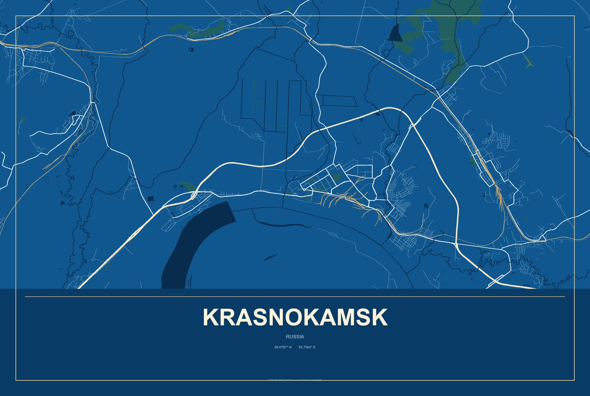 Krasnokamsk, Russia City Map Aluminum Sign in Harbor Cobalt style