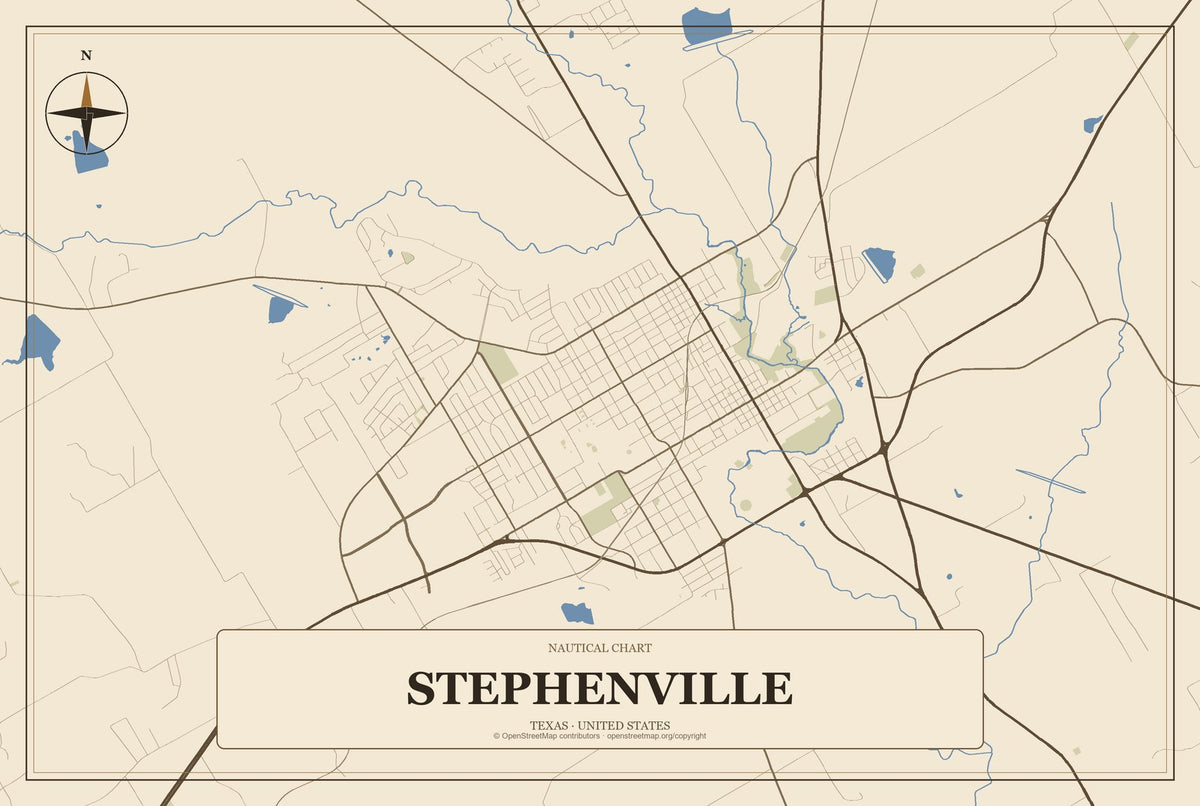 Stephenville, Texas City Map Aluminum Sign in Heritage Nautical style