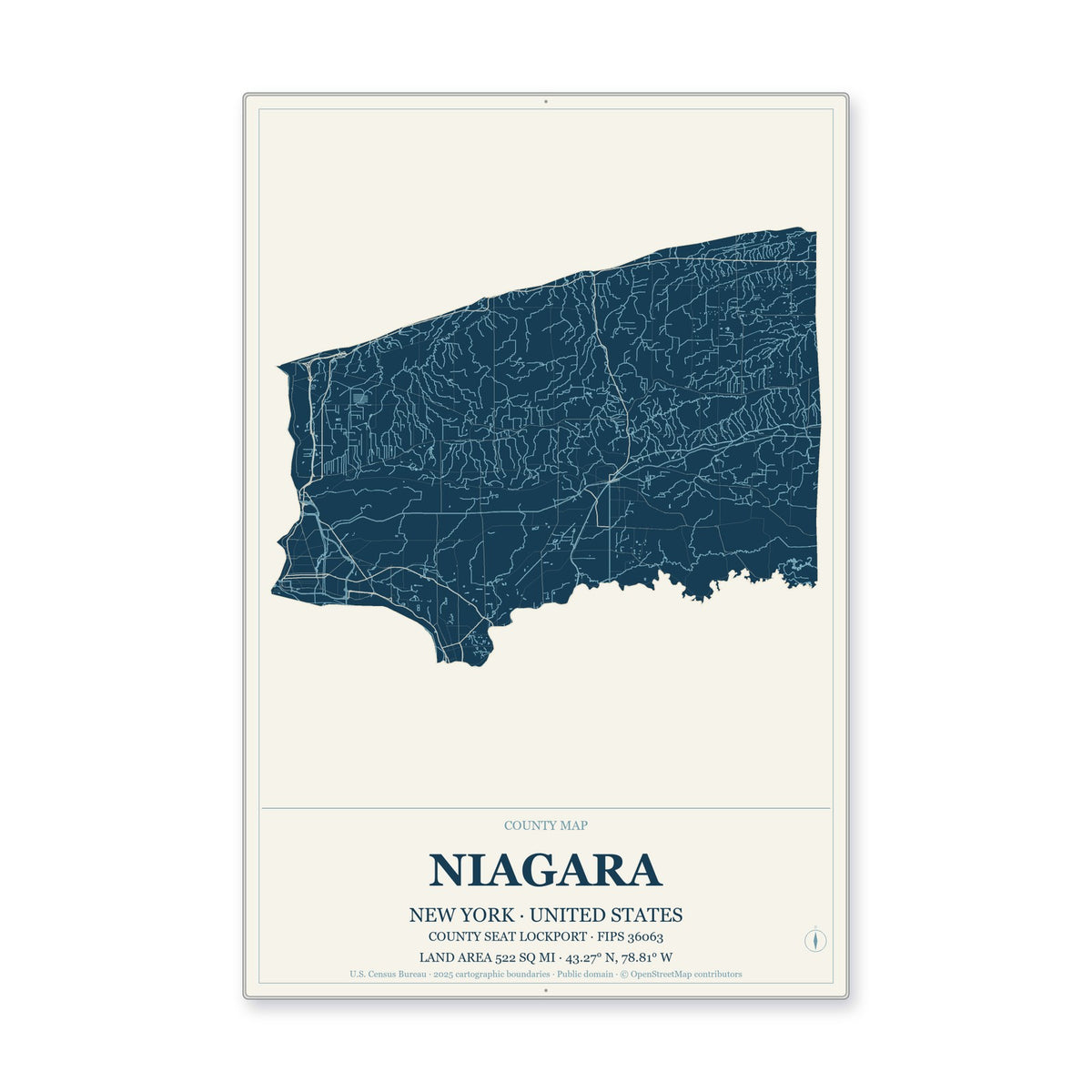 Niagara County, New York Map Aluminum Sign in Coastal Cutout style