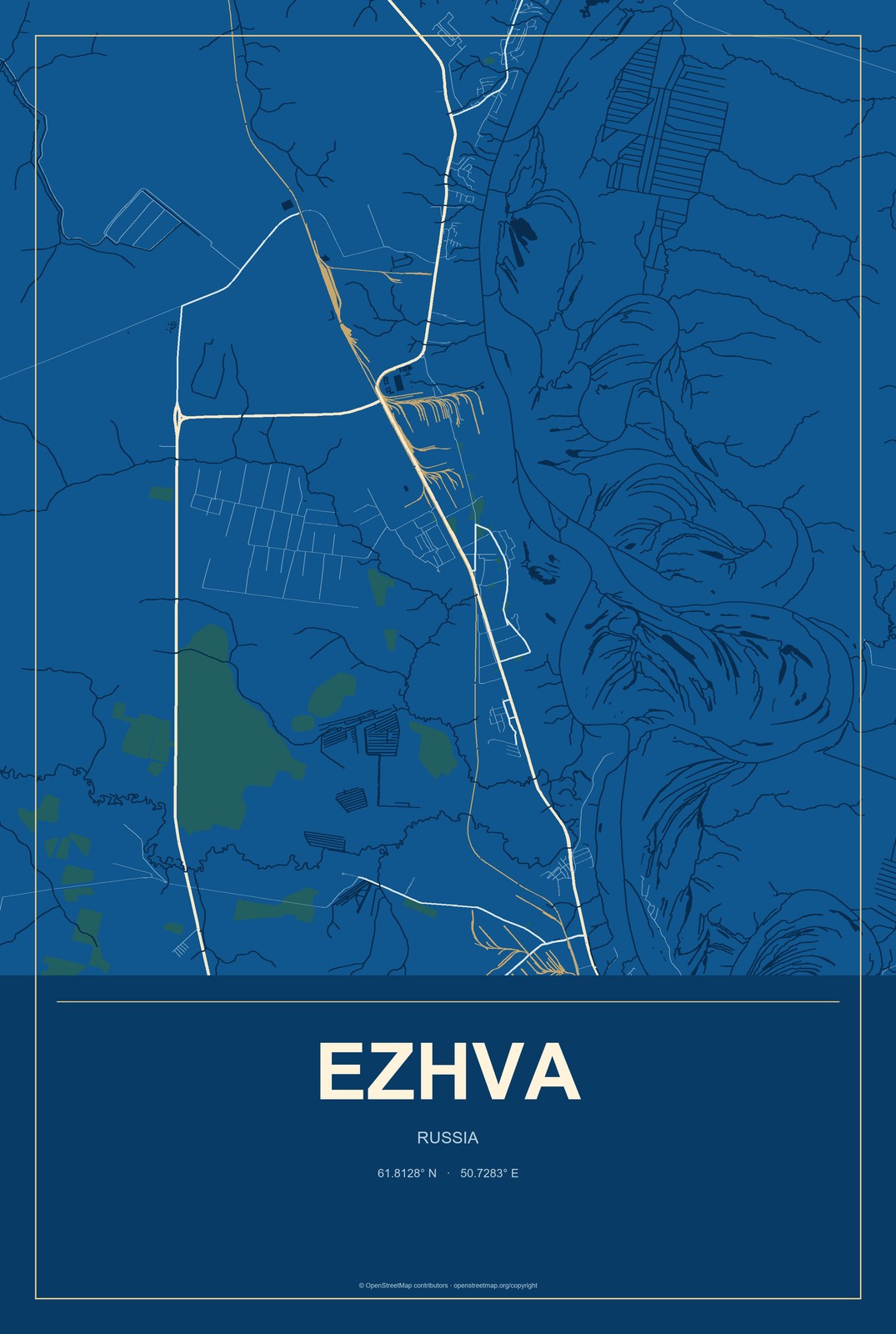 Ezhva, Russia City Map Aluminum Sign in Harbor Cobalt style