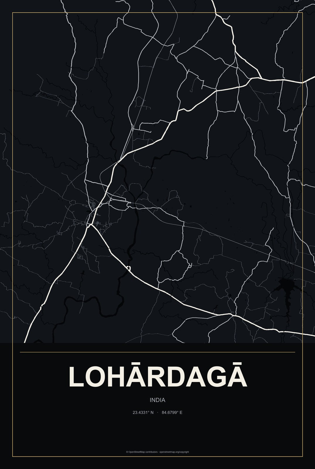 Lohārdagā, India City Map Aluminum Sign in Metropolitan Noir style