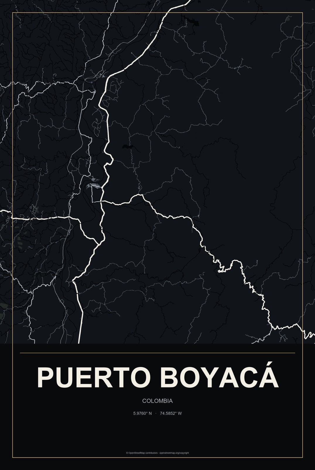 Puerto Boyacá, Colombia City Map Aluminum Sign in Metropolitan Noir style
