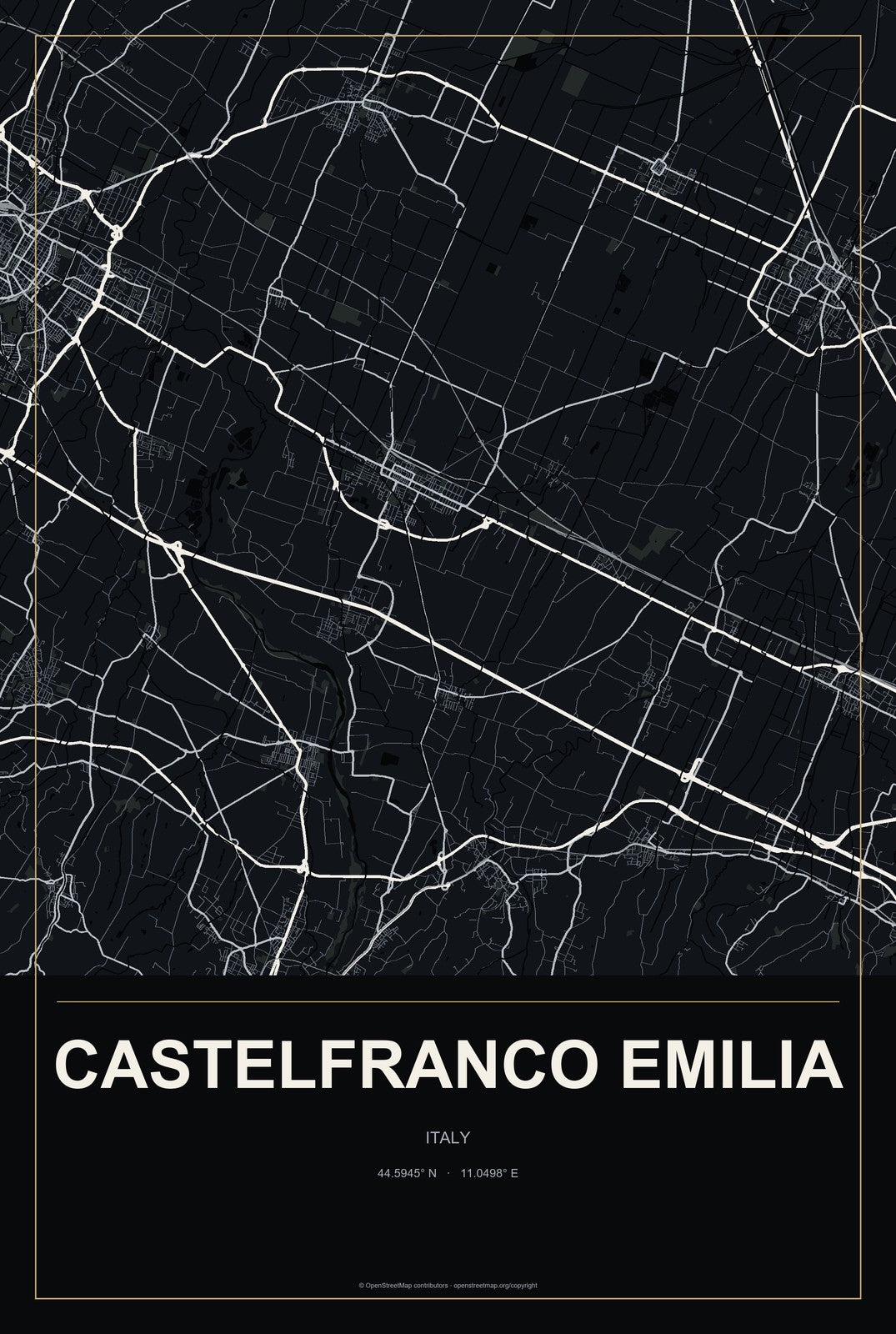 Castelfranco Emilia, Italy City Map Aluminum Sign in Metropolitan Noir style