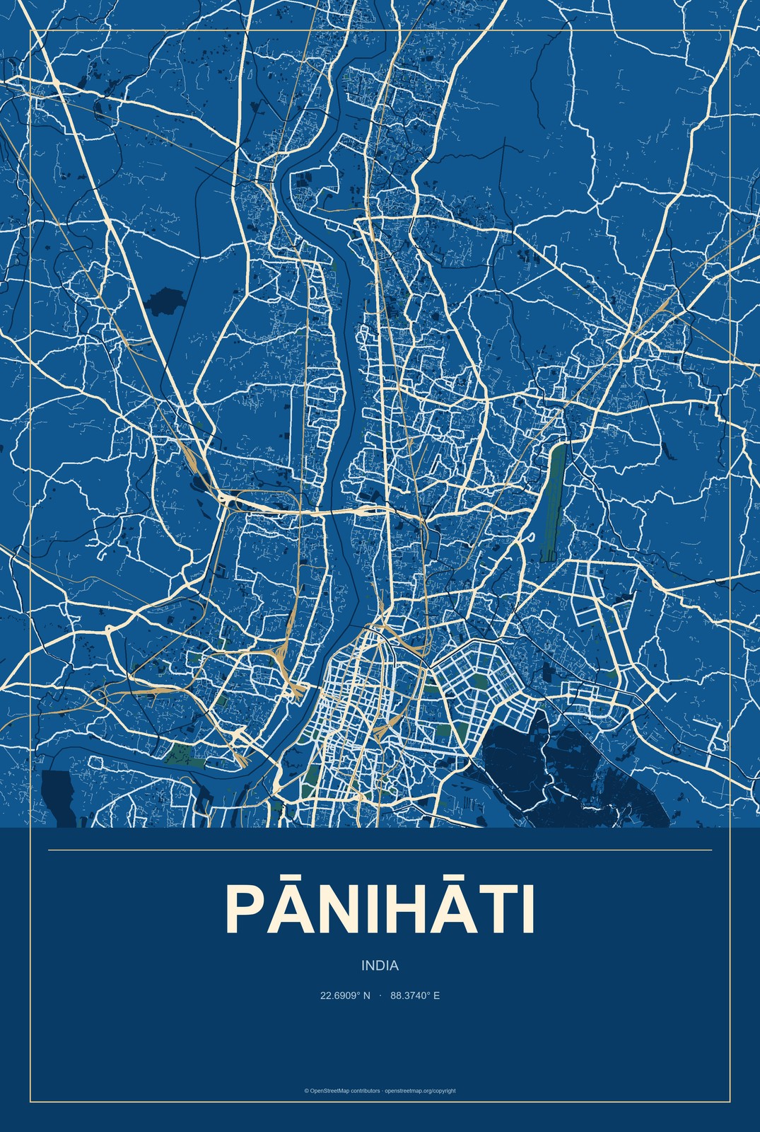 Pānihāti, India City Map Aluminum Sign in Harbor Cobalt style