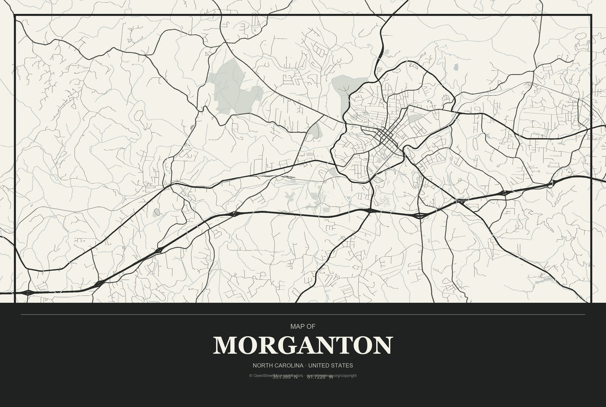 Morganton, North Carolina City Map Aluminum Sign in Museum Plaque style