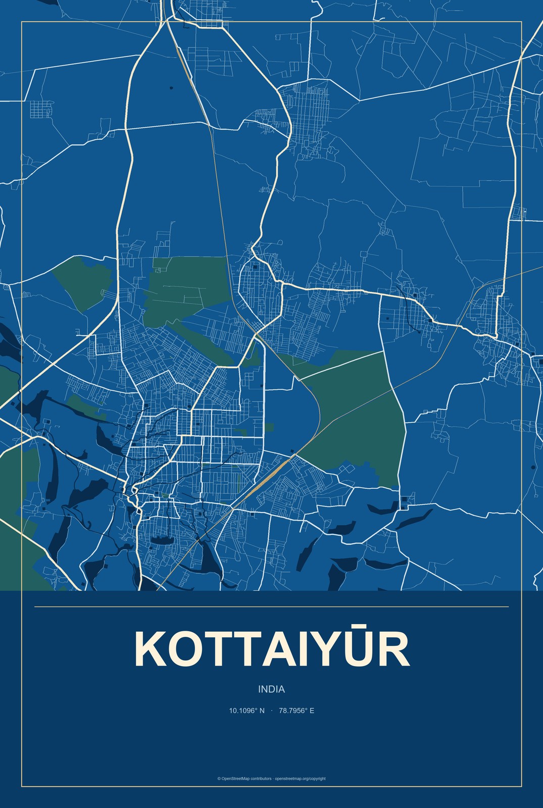 Kottaiyūr, India City Map Aluminum Sign in Harbor Cobalt style