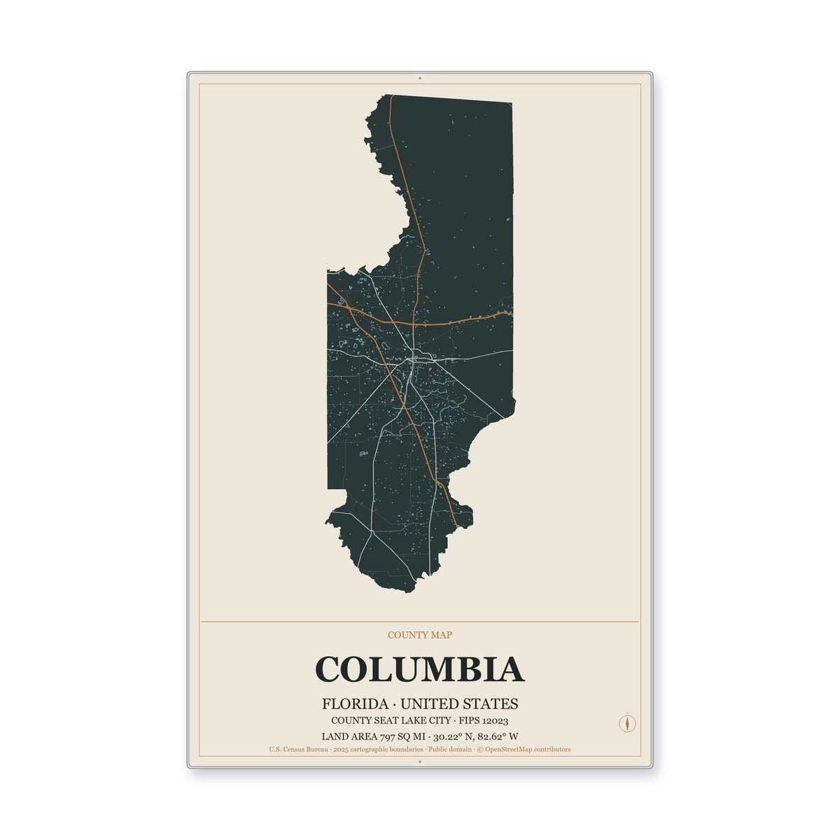 Columbia County, Florida Map Aluminum Sign in Headline Atlas style