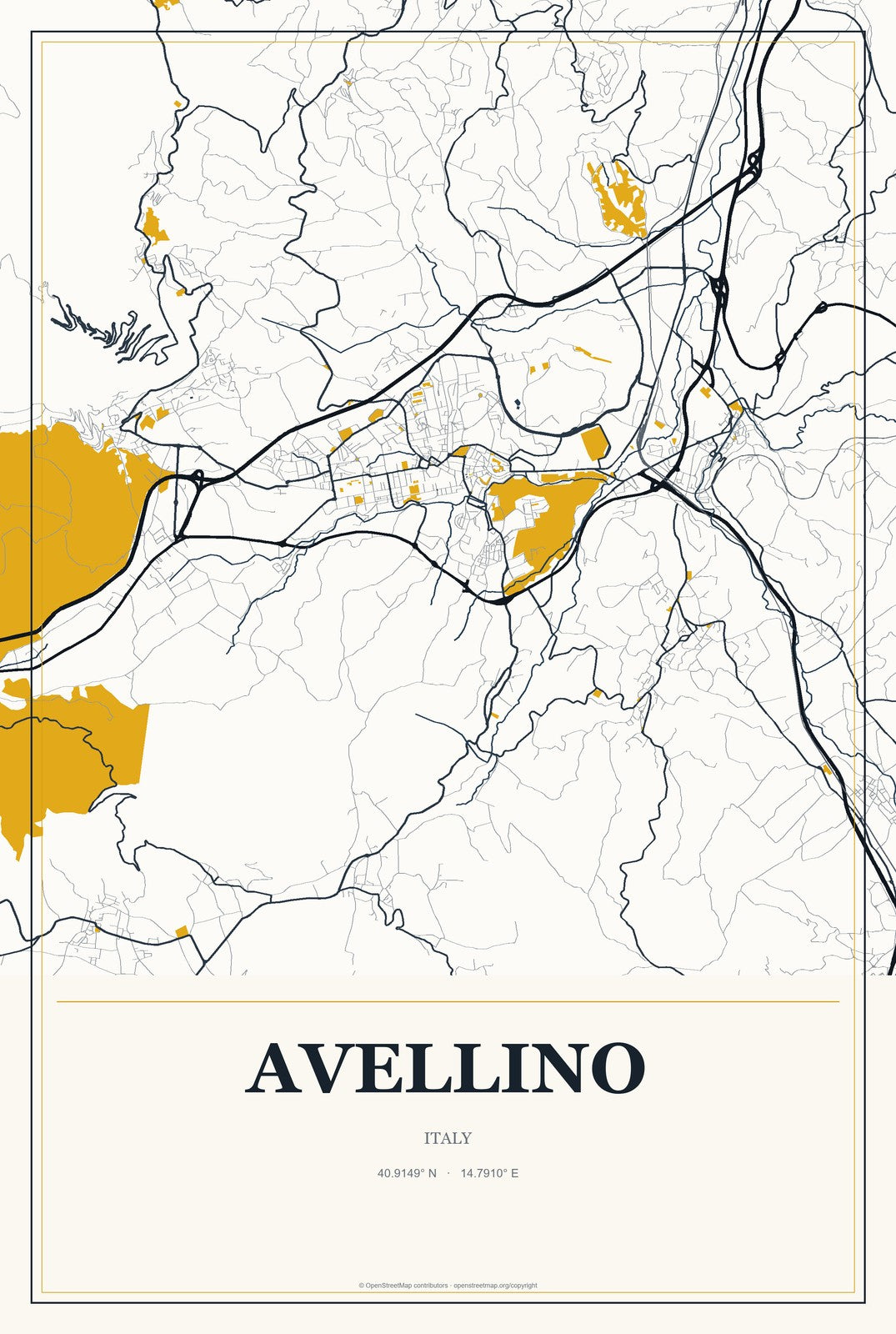 Avellino, Italy City Map Aluminum Sign in Citrine Modern style
