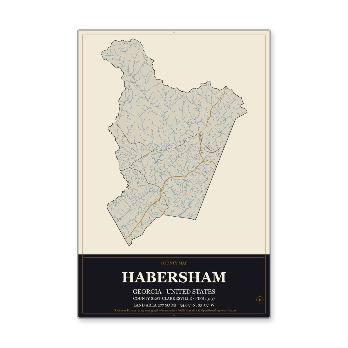 Habersham County, Georgia Map Aluminum Sign in Museum Plaque style