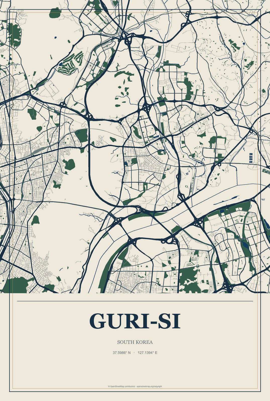 Guri-si, South Korea City Map Aluminum Sign in Coastal Cutout style