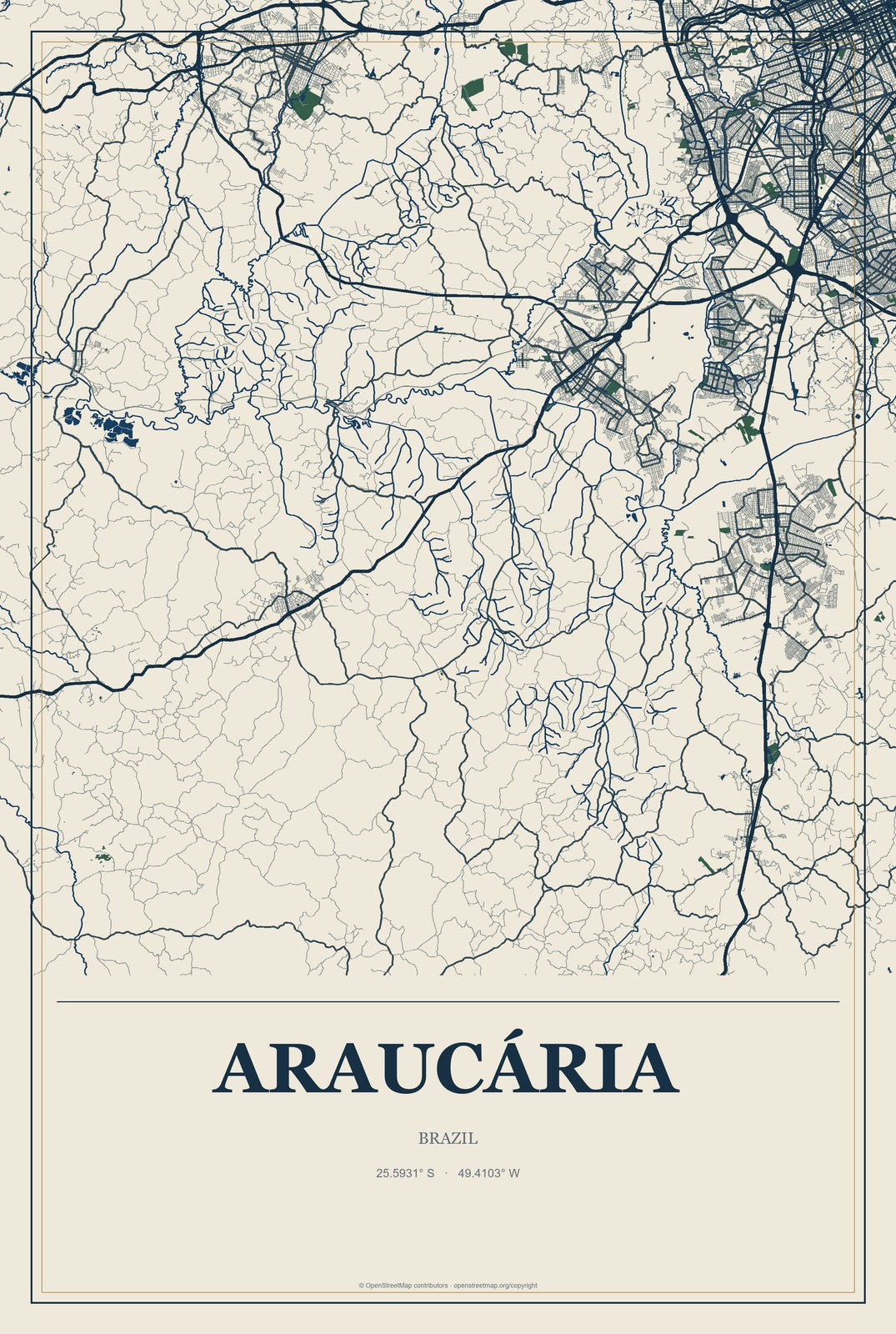Araucária, Brazil City Map Aluminum Sign in Coastal Cutout style