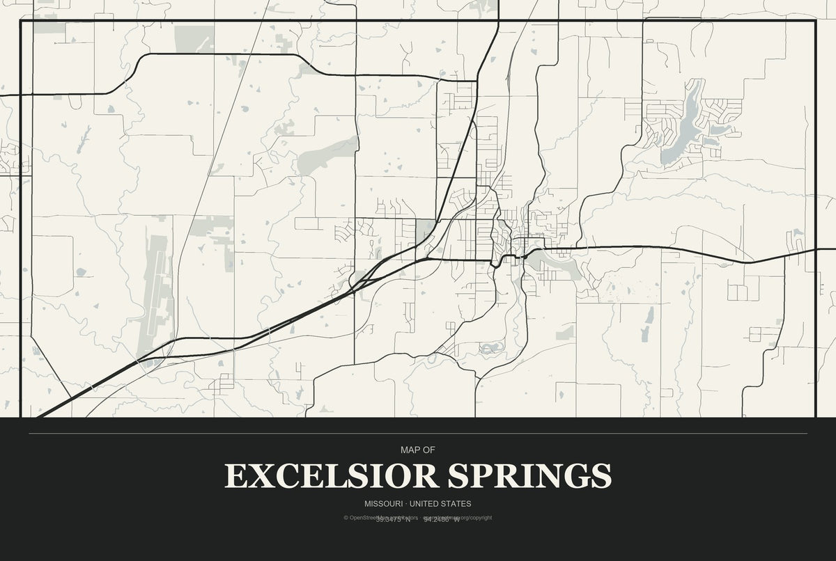 Excelsior Springs, Missouri City Map Aluminum Sign in Museum Plaque style