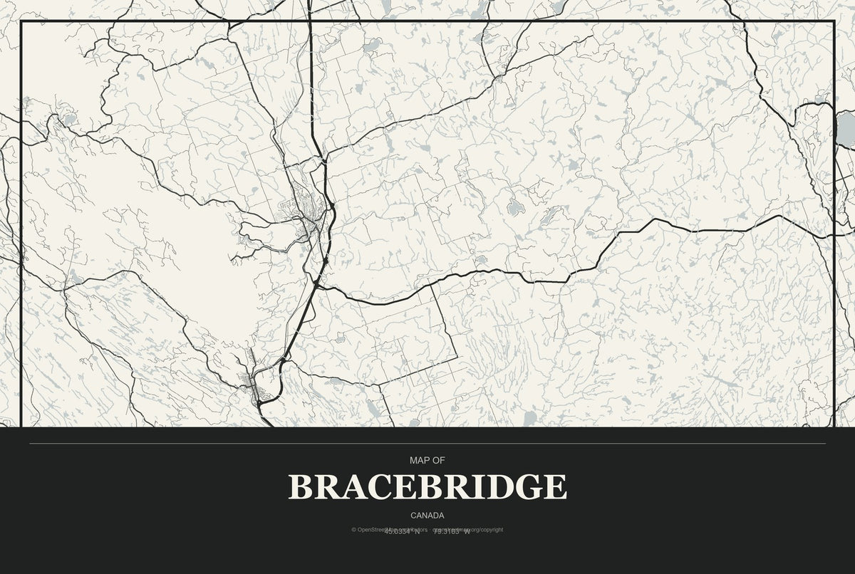 Bracebridge, Canada City Map Aluminum Sign in Museum Plaque style