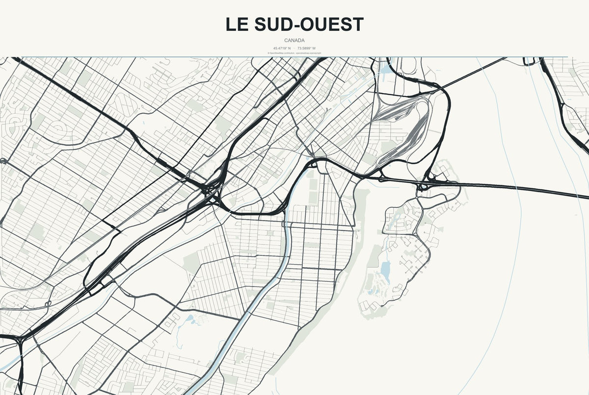 Le Sud-Ouest, Canada City Map Aluminum Sign in Headline Atlas style