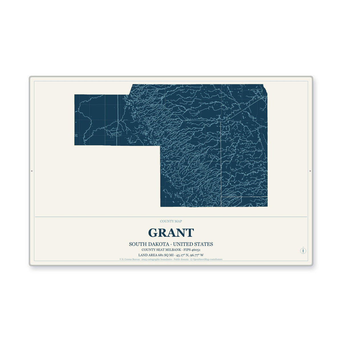 Grant County, South Dakota Map Aluminum Sign in Coastal Cutout style