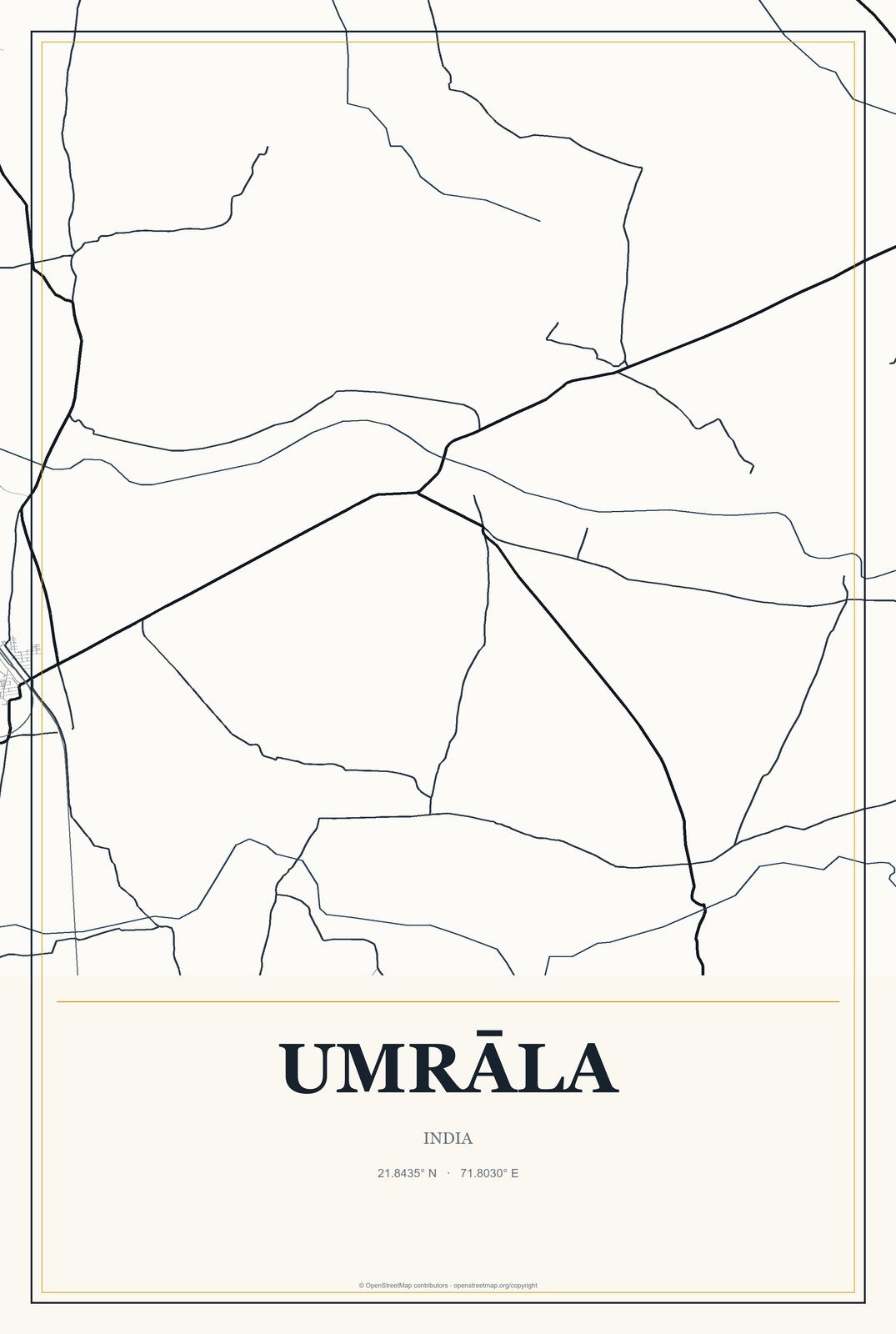 Umrāla, India City Map Aluminum Sign in Citrine Modern style