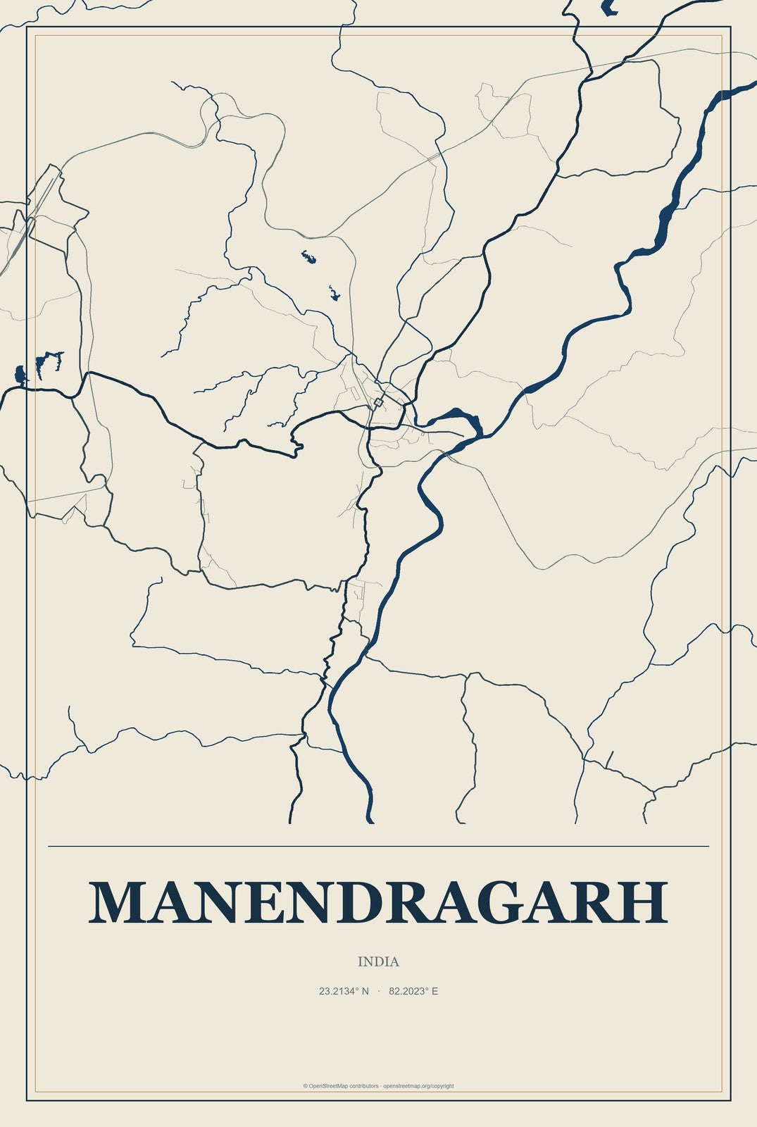 Manendragarh, India City Map Aluminum Sign in Coastal Cutout style