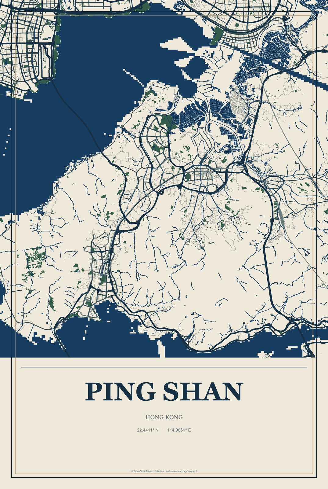 Ping Shan, Hong Kong City Map Aluminum Sign in Coastal Cutout style