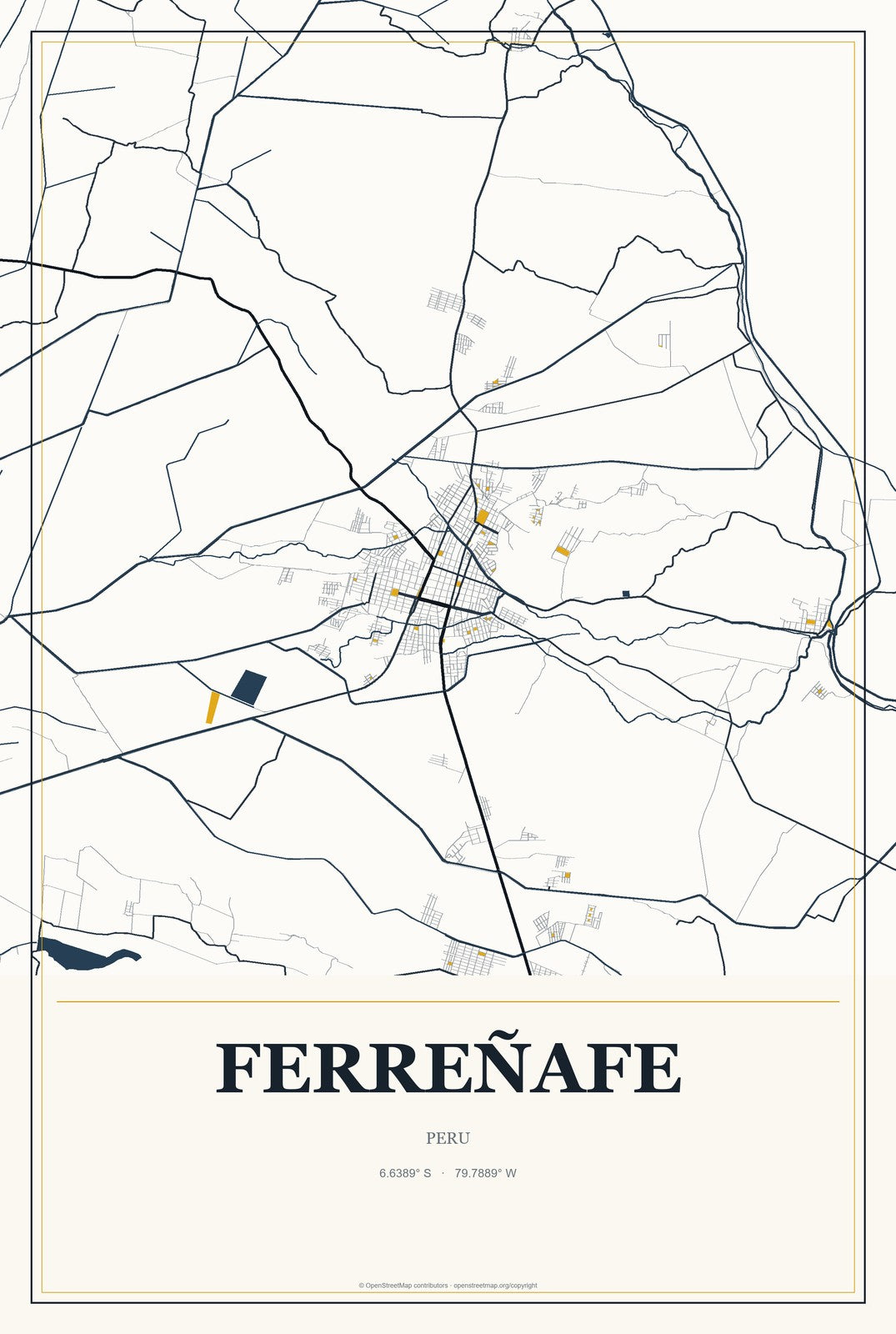 Ferreñafe, Peru City Map Aluminum Sign in Citrine Modern style