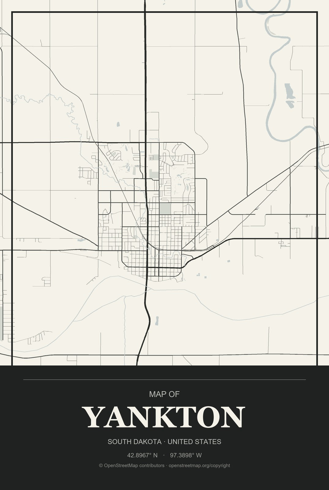 Yankton, South Dakota City Map Aluminum Sign in Museum Plaque style