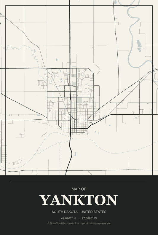 Yankton, South Dakota City Map Aluminum Sign in Museum Plaque style