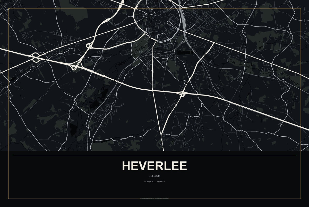 Heverlee, Belgium City Map Aluminum Sign in Metropolitan Noir style