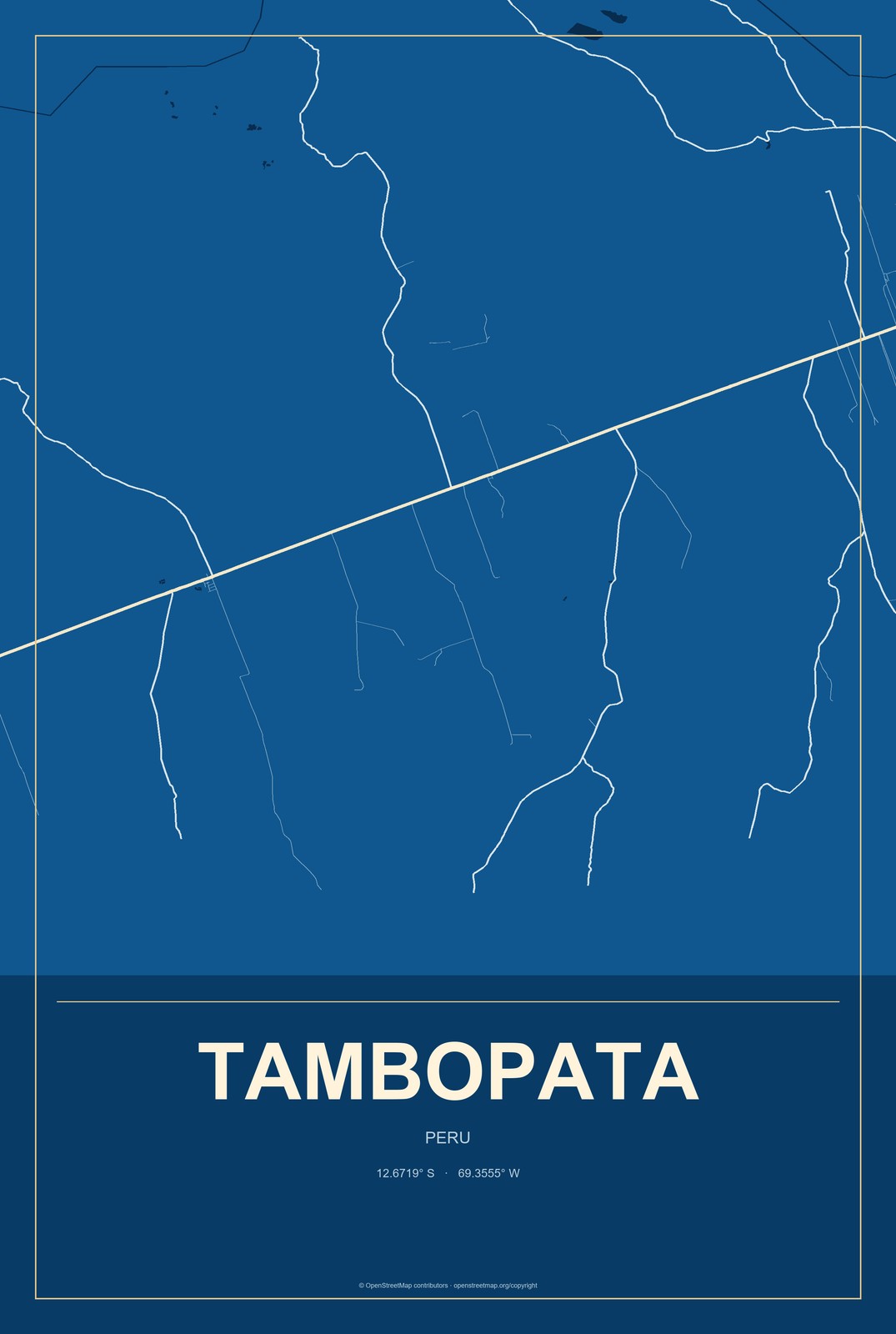 Tambopata, Peru City Map Aluminum Sign in Harbor Cobalt style