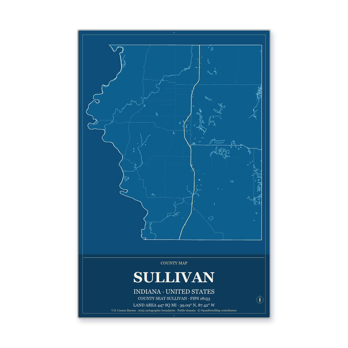 Sullivan County, Indiana Map Aluminum Sign in Harbor Cobalt style