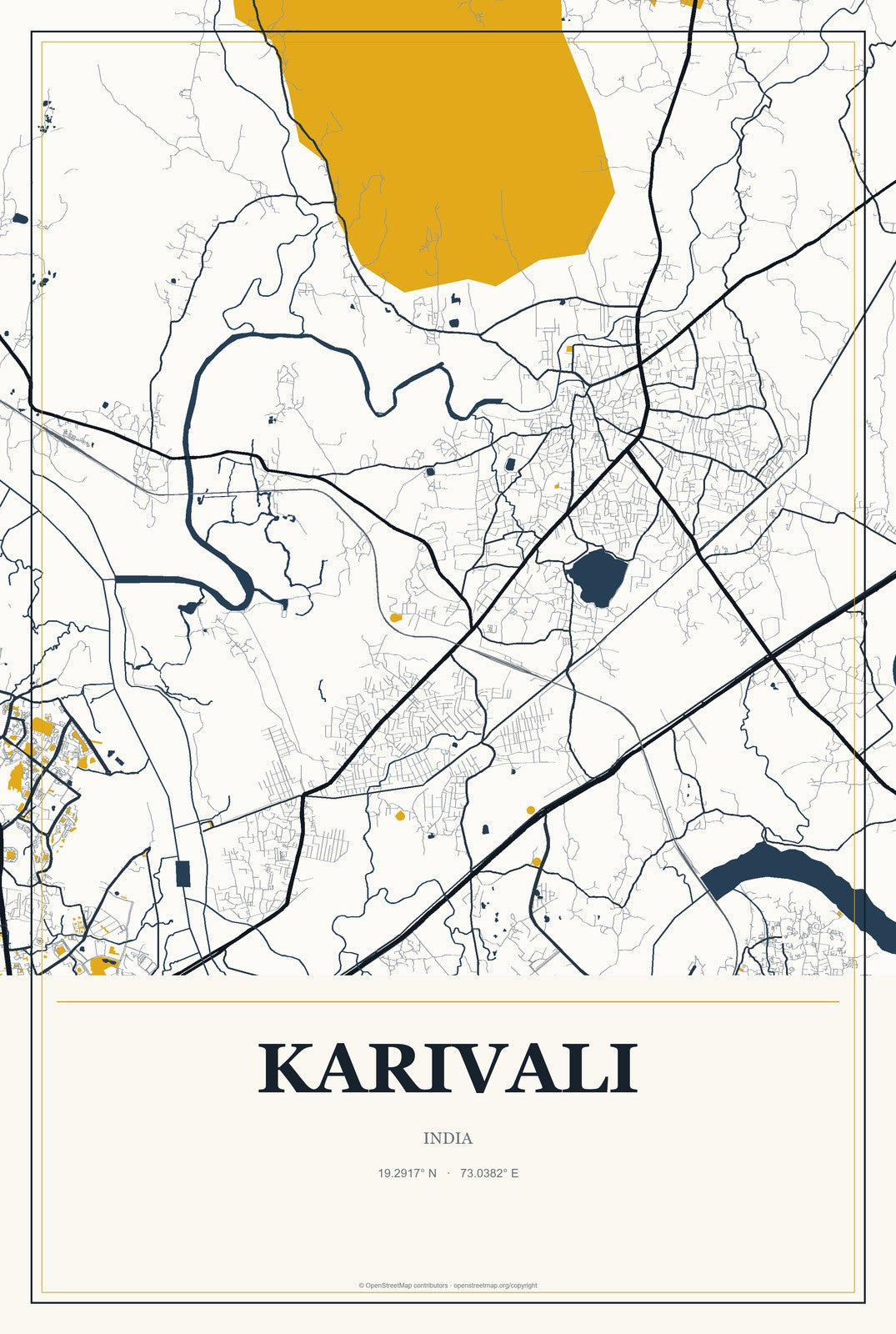 Karivali, India City Map Aluminum Sign in Citrine Modern style