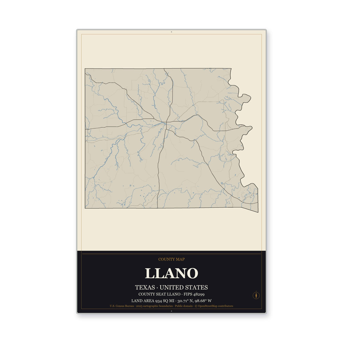 Llano County, Texas Map Aluminum Sign in Museum Plaque style