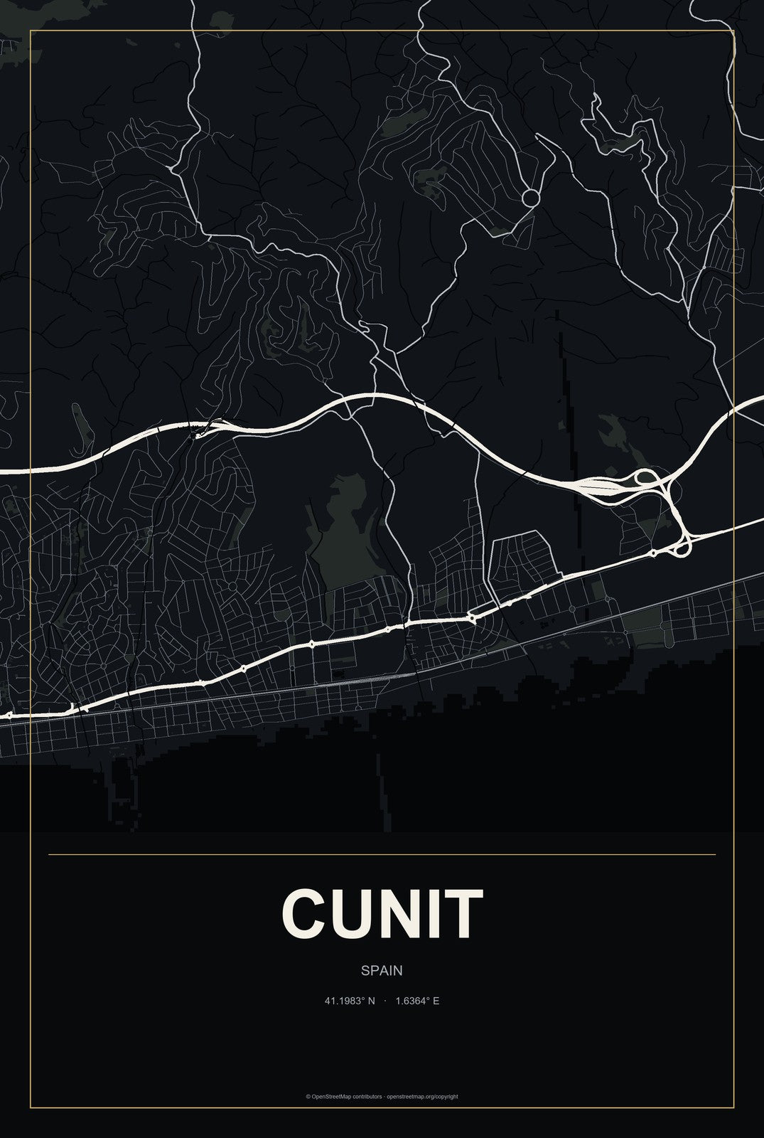 Cunit, Spain City Map Aluminum Sign in Metropolitan Noir style