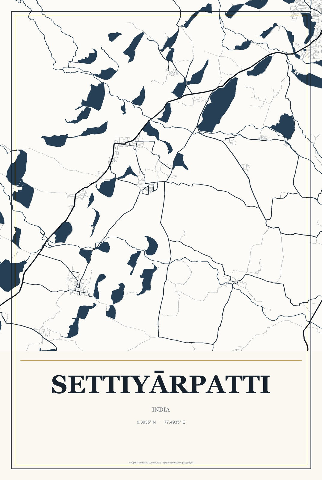 Settiyārpatti, India City Map Aluminum Sign in Citrine Modern style