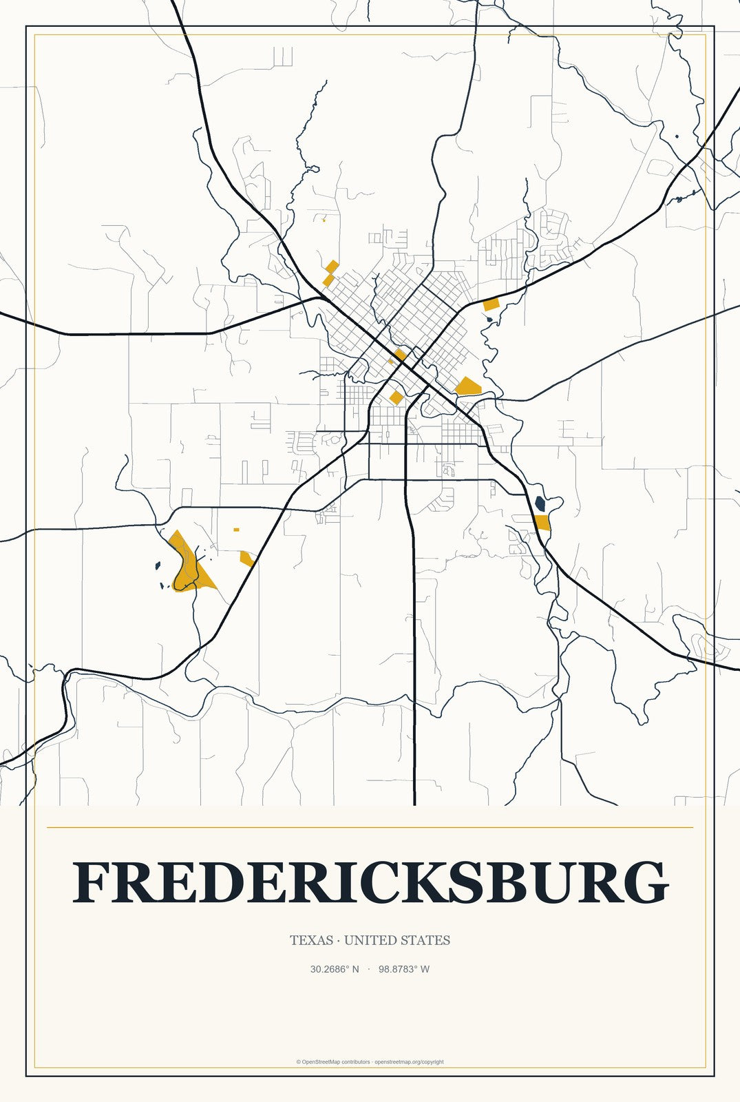 Fredericksburg, Texas City Map Aluminum Sign in Citrine Modern style