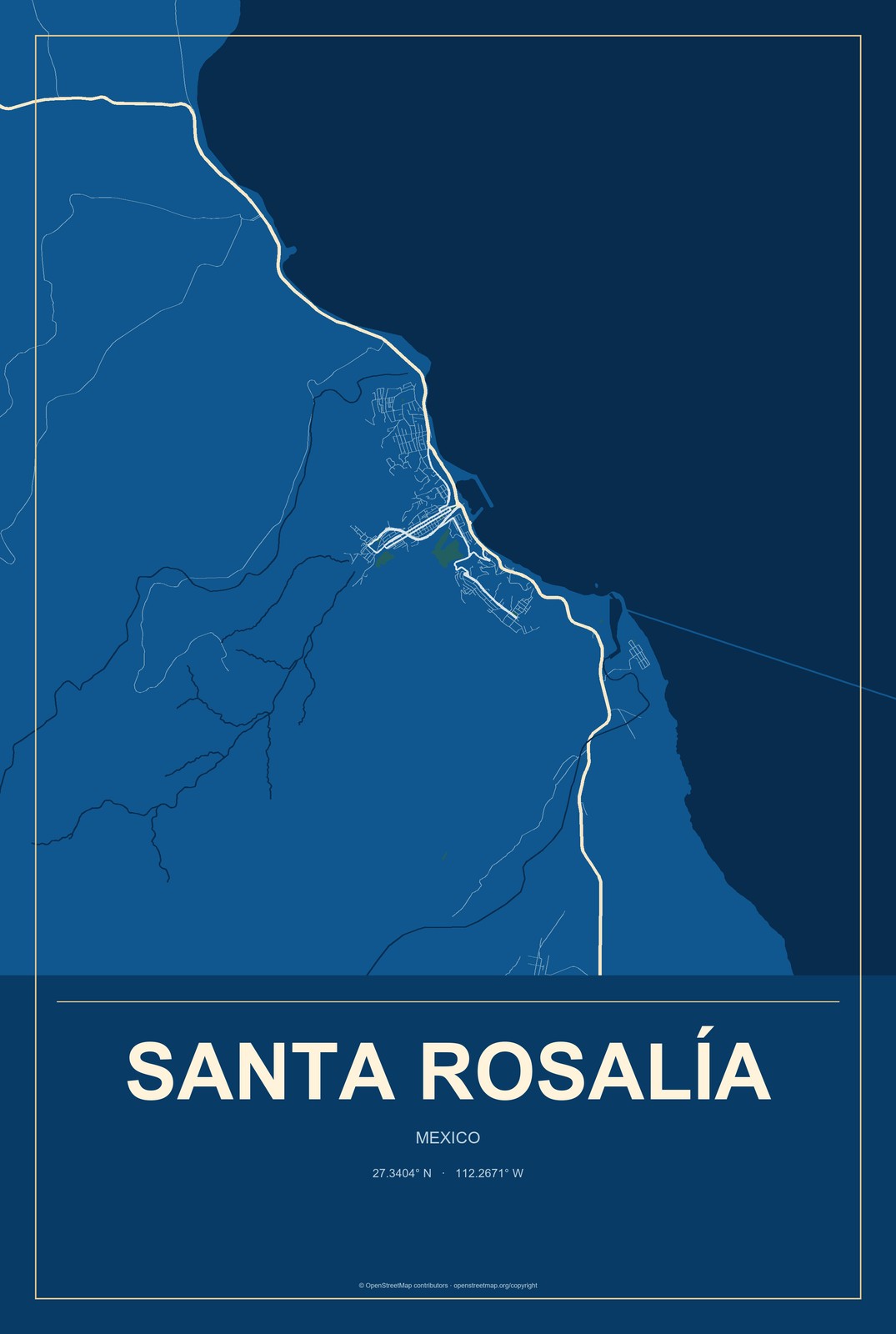 Santa Rosalía, Mexico City Map Aluminum Sign in Harbor Cobalt style