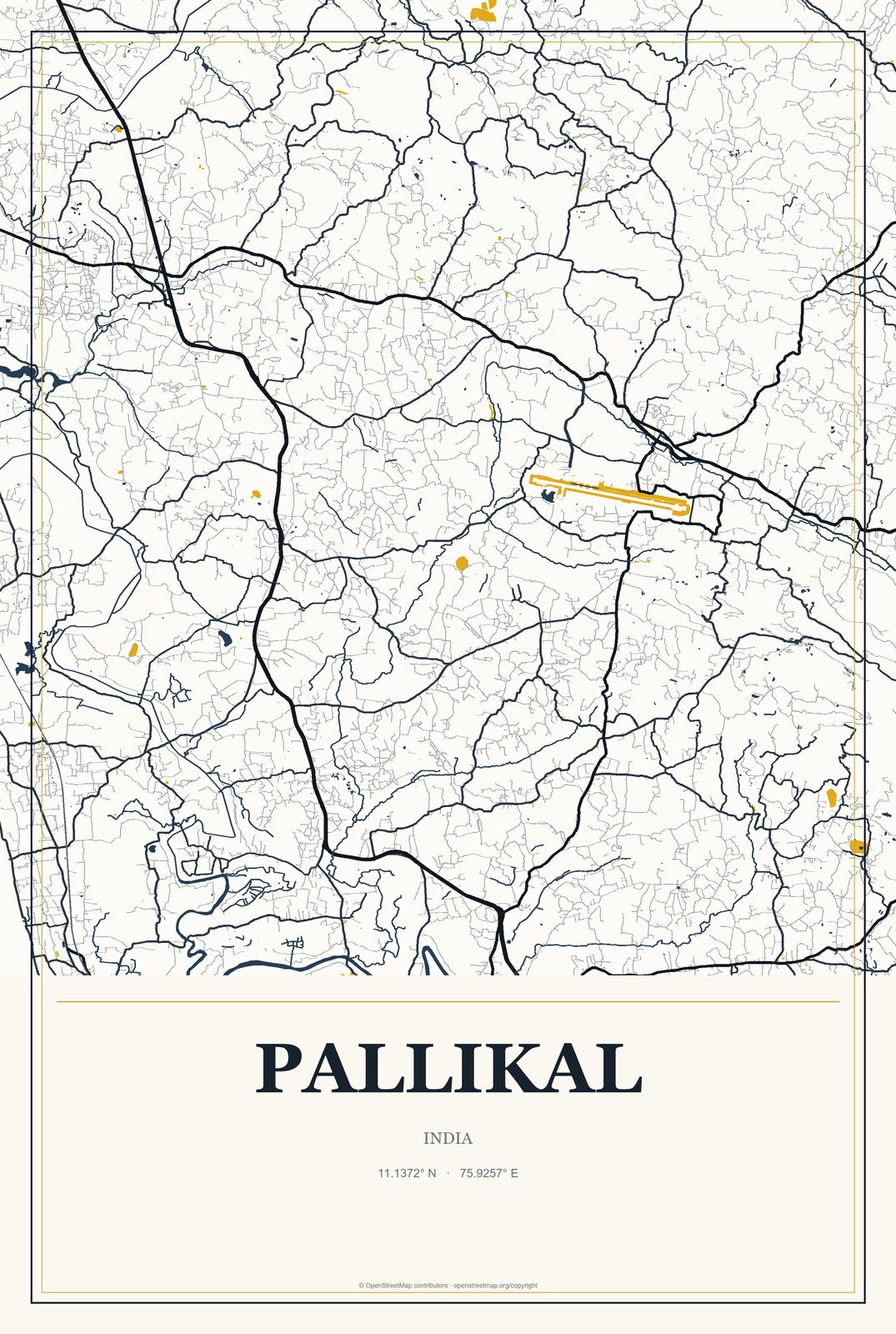 Pallikal, India City Map Aluminum Sign in Citrine Modern style