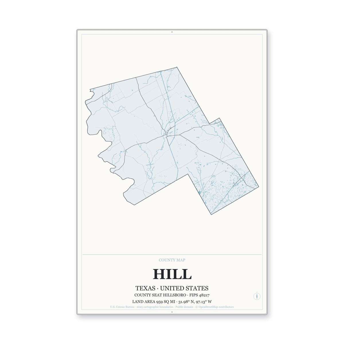 Hill County, Texas Map Aluminum Sign in Gallery Air style