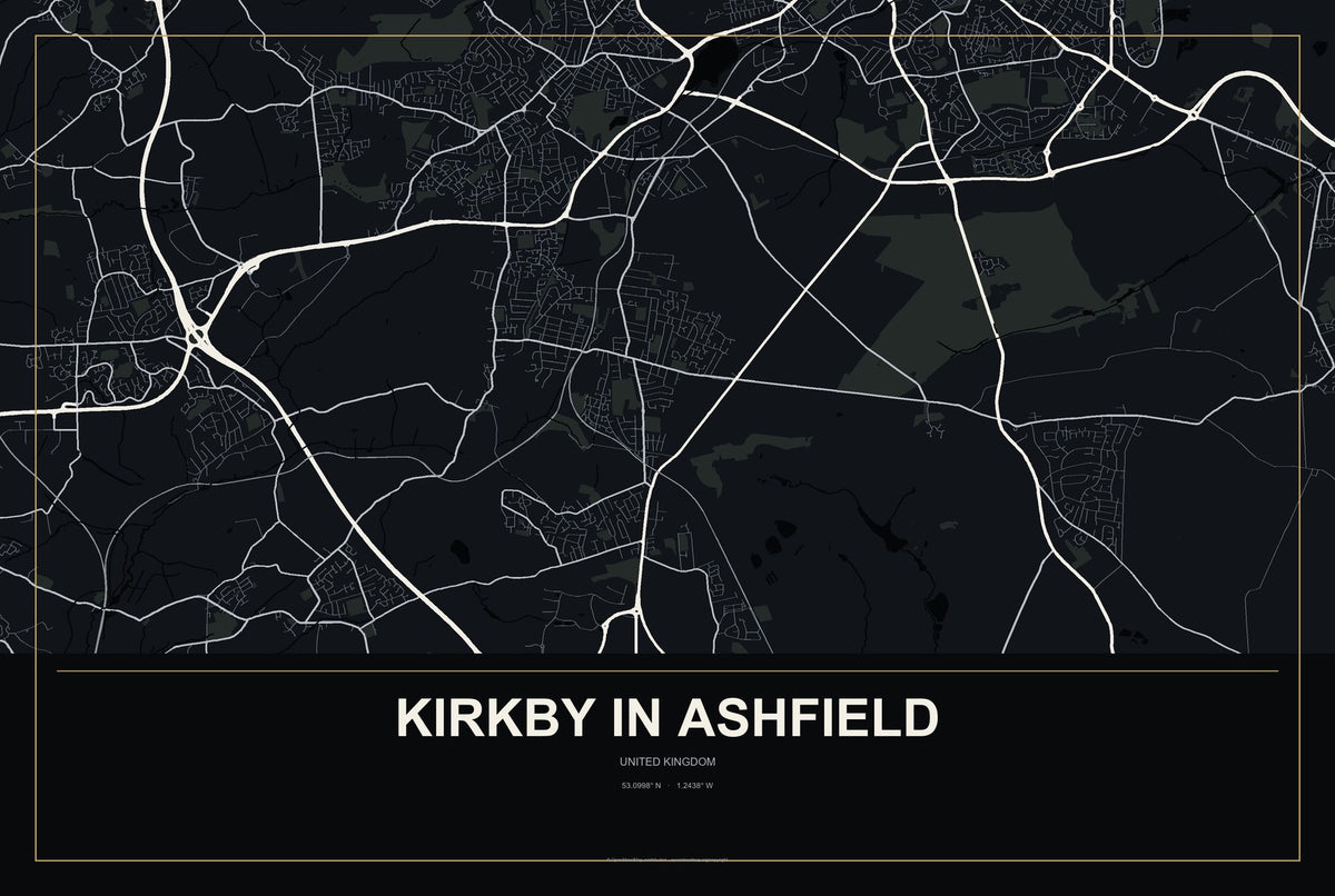 Kirkby in Ashfield, United Kingdom City Map Aluminum Sign in Metropolitan Noir style