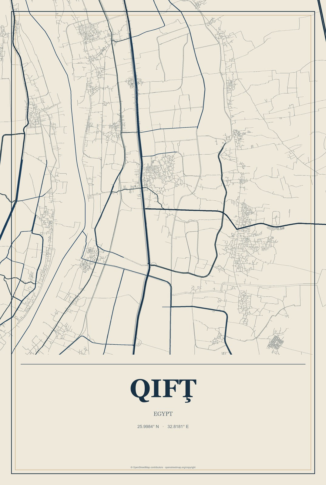 Qifţ, Egypt City Map Aluminum Sign in Coastal Cutout style